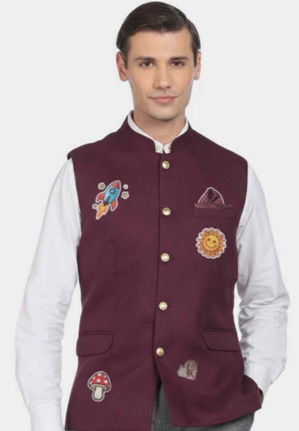 Men Wine Textured Tailored Regular Fit Nehru Jacket